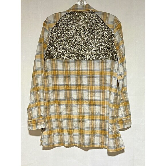 Free People Little Bit Of Sugar Yellow Plaid Sequin Cottton Flannel Shirt Small - Picture 3 of 6